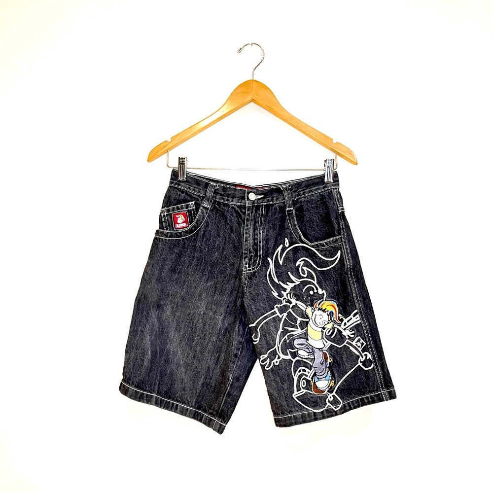 Vintage Blazehead Gray denim shorts with skateboarding character.